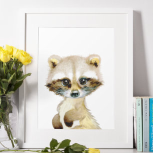 Poster Aquarelle Bébé Raccoon Bois Pépinière Enfant