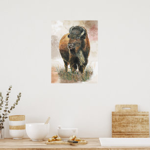 Poster Aquarelle Bison Buffalo Cottagecore Russe Imprimer