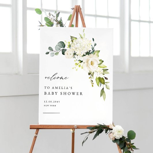 Poster Aquarelle Blanc Hydrangea et Baby shower Rose