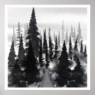 Poster Aquarelle blanche noire Forêt de Foggy