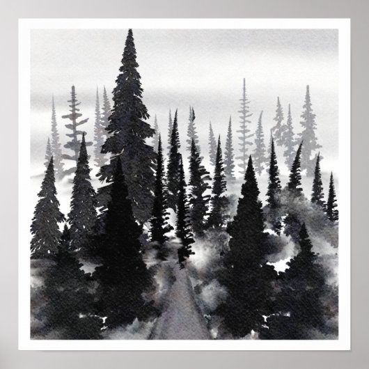Poster Aquarelle blanche noire Forêt de Foggy (Devant)