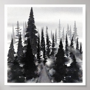 Poster Aquarelle blanche noire Forêt de Foggy