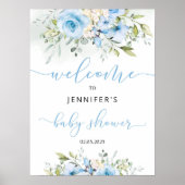 Poster Aquarelle bleu baby shower fleuri signe de bienven (Devant)
