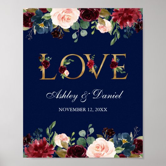 Poster Aquarelle Bleu Bourgogne Floral Gold Mariage (Devant)