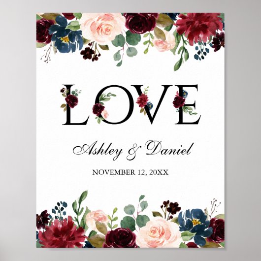 Poster Aquarelle Bleu Bourgogne Floral Love Mariage (Devant)