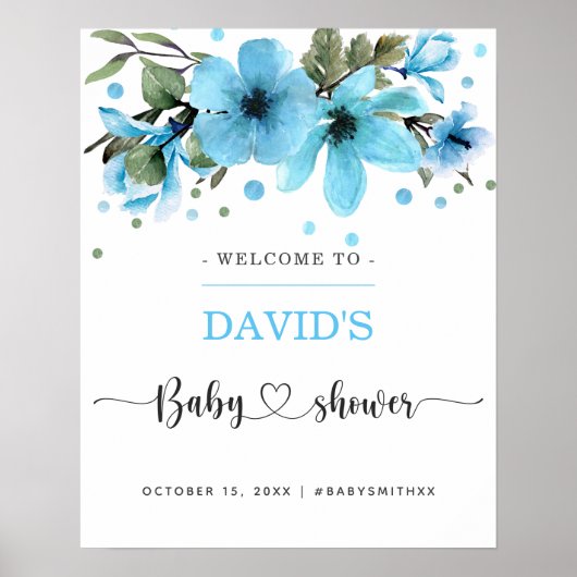 Poster Aquarelle bleu clair et or baby shower garçon (Devant)