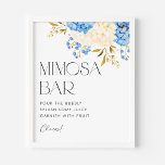 Poster Aquarelle Bleu et Blanc Hydrangeas Mimosa Bar<br><div class="desc">Verser un peu de mousseux, jeter un peu de jus et garnir de fruits. Ajoutez un accent floral à votre paysage de table avec ce panneau de barre de mimosa aquarelle. Il présente un bouquet floral aquarelle d'hydrangées bleues et blanches. Ce panneau de bar hydrangea mimosa est parfait pour les...</div>
