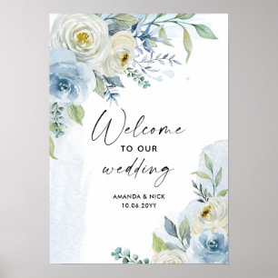 Poster Aquarelle bleu et blanc Mariage Floral Bienvenue