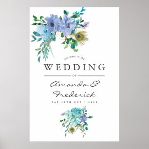 Poster Aquarelle bleu et menthe Mariage Floral Bienvenue