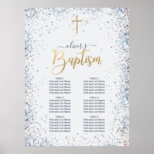 Poster Aquarelle Bleu Et Or Baptême Garçon (Devant)