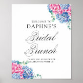 Poster Aquarelle Bleu et rose Hydrangée Brunch nuptial (Devant)
