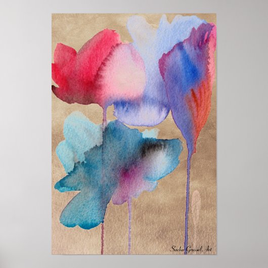 Poster Aquarelle bleu fleurs moderne floral sur taupe (Devant)