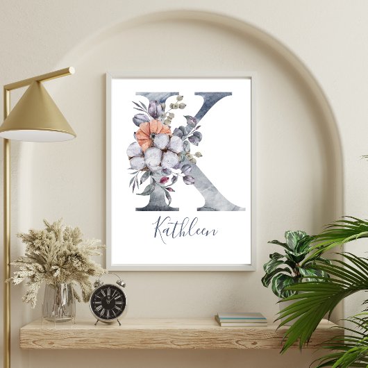 Poster Aquarelle bleu Floral Monogramme K Nom