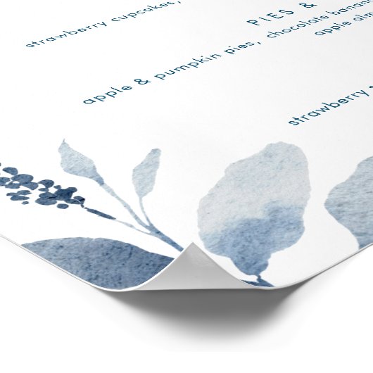 Poster Aquarelle bleu foncé Floral Dessert Bar Menu Panne (Coin)