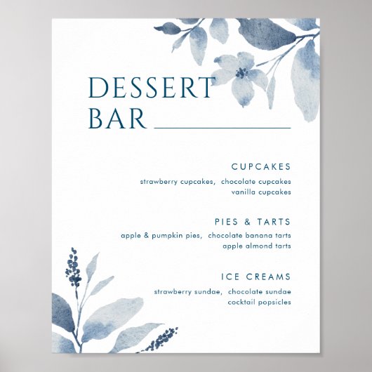Poster Aquarelle bleu foncé Floral Dessert Bar Menu Panne (Devant)