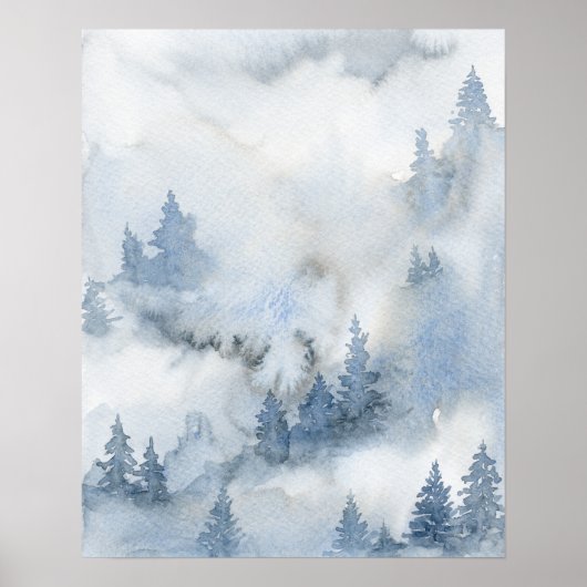 Poster Aquarelle bleu foncé Forêt Abstraite (Devant)