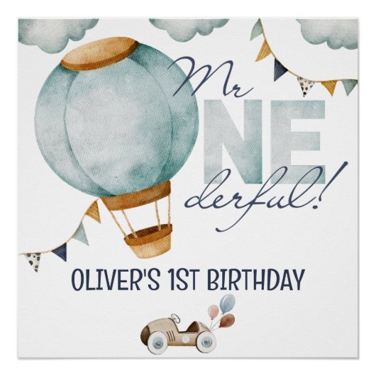 Poster Aquarelle Bleu Hot Air Balloon M. ONEderful Boy (Devant)