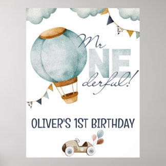 Poster Aquarelle Bleu Hot Air Balloon M. ONEderful Boy
