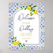 Poster Aquarelle bleu italien citron mariage accueil (Devant)
