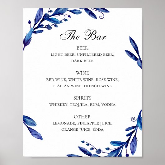 Poster Aquarelle bleu marine mariage alcool bar (Devant)