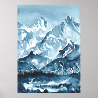 Poster Aquarelle bleu montagneux, paysage