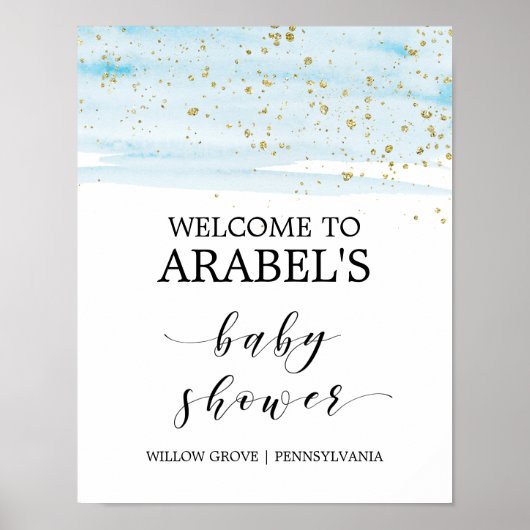 Poster Aquarelle Bleu & Or Baby shower Bienvenue (Devant)