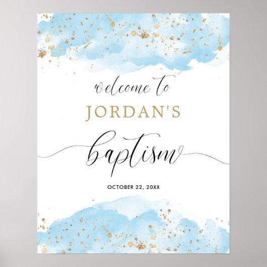 Poster Aquarelle bleu or garçon baptême signe de bienvenu (Devant)