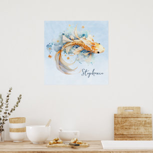 Poster Aquarelle bleu or Koi poisson personnalisé