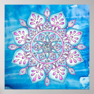 Poster Aquarelle bleu rose violet enchantée Mandala