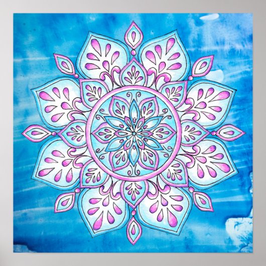 Poster Aquarelle bleu rose violet enchantée Mandala (Devant)