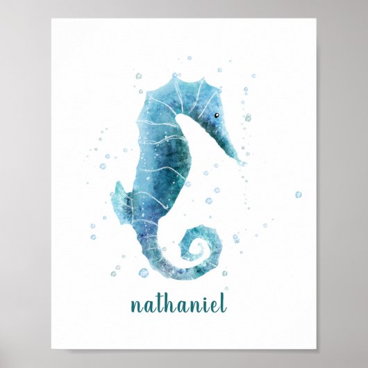 Poster Aquarelle bleu Seahorse Nautiste Nommé (Devant)