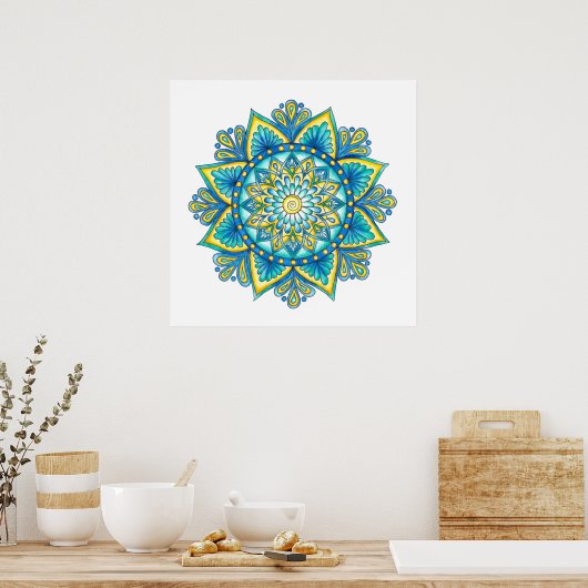 Poster Aquarelle bleu turquoise Mandala (Cuisine)