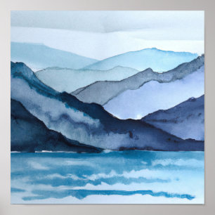 Poster Aquarelle bleue Abstraite Paysage Montagnes Océan