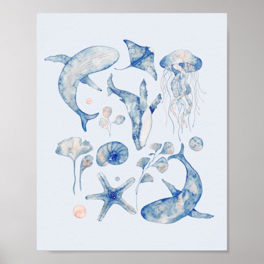 Poster Aquarelle bleue et rose Poisson Océan Thème (Devant)