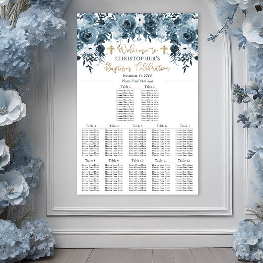 Poster Aquarelle bleue Floral | Faux Gold Boy Baptism