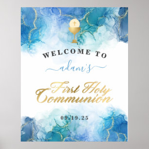 Poster Aquarelle Bleue Garçon Première Communion Sainte B