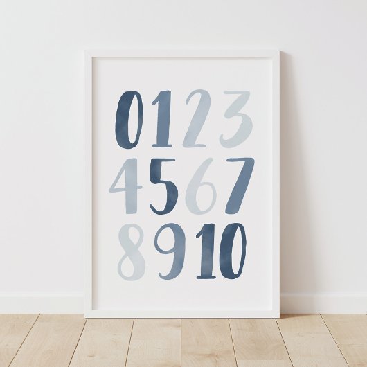 Poster Aquarelle bleue Numéros Décor de pépinière pédagog