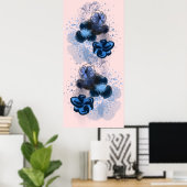 Poster Aquarelle Bleue Originale Fleurs Orientales Peintu (Bureau à domicile)