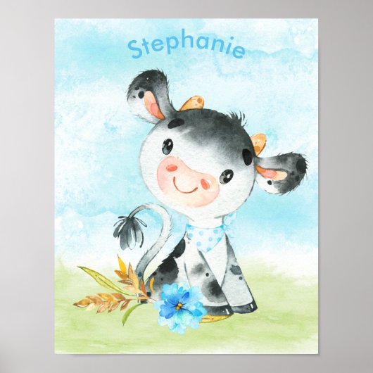 Poster Aquarelle bleue Petite vache (Devant)