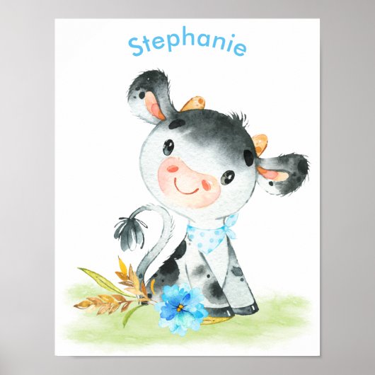 Poster Aquarelle bleue Petite vache (Devant)