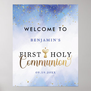 Poster Aquarelle bleue Première communion sainte Bienvenu