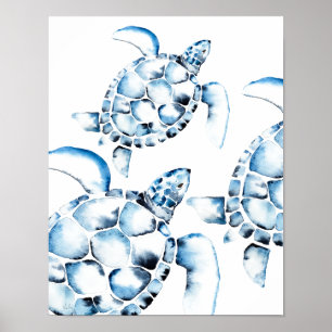 Poster Aquarelle bleue Tortue de mer