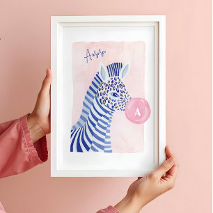 Poster Aquarelle bleue Zebra Animal Blown Gum Buble