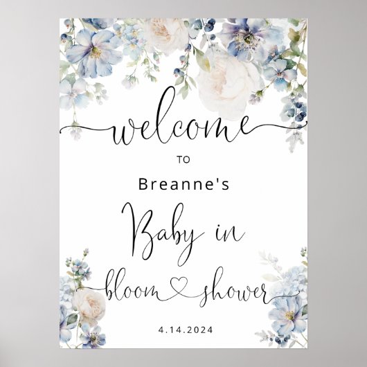 Poster Aquarelle Blue Floral Baby shower Bienvenue (Devant)