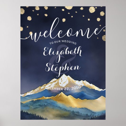 Poster Aquarelle Blue Gold Foil Mountain Mariage Bienvenu (Devant)
