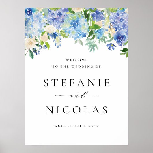 Poster Aquarelle Blue Hydrangea Floral Mariage Bienvenue (Devant)