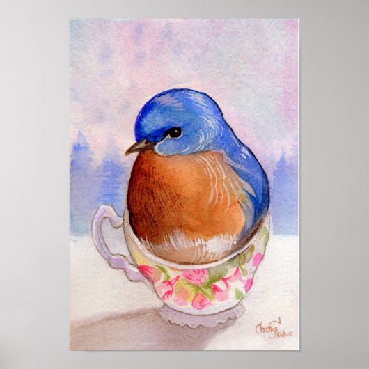 Poster Aquarelle Bluebird Teacup (Devant)