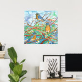 Poster Aquarelle Bluebirds Blossom Fruit Tree Peinture (Bureau à domicile)