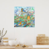 Poster Aquarelle Bluebirds Blossom Fruit Tree Peinture (Cuisine)