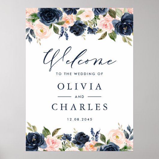 Poster Aquarelle Blush et Fleurs de marine Mariage Bienve (Devant)
